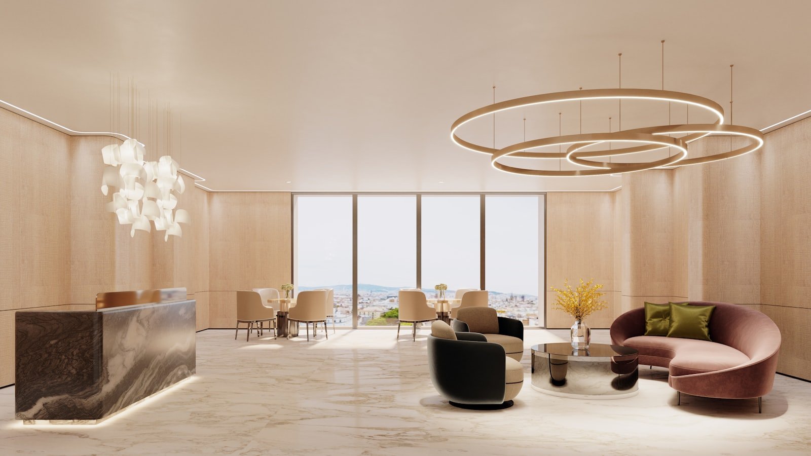 A calm, warmly lit consultation lounge with soft seating